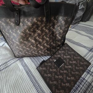 Coach Black and Brown Patterned Tote with Pouch